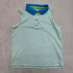 VTG Cabin Creek Sleeveless Polo Shirt Womens Petite Medium Green Blue Striped